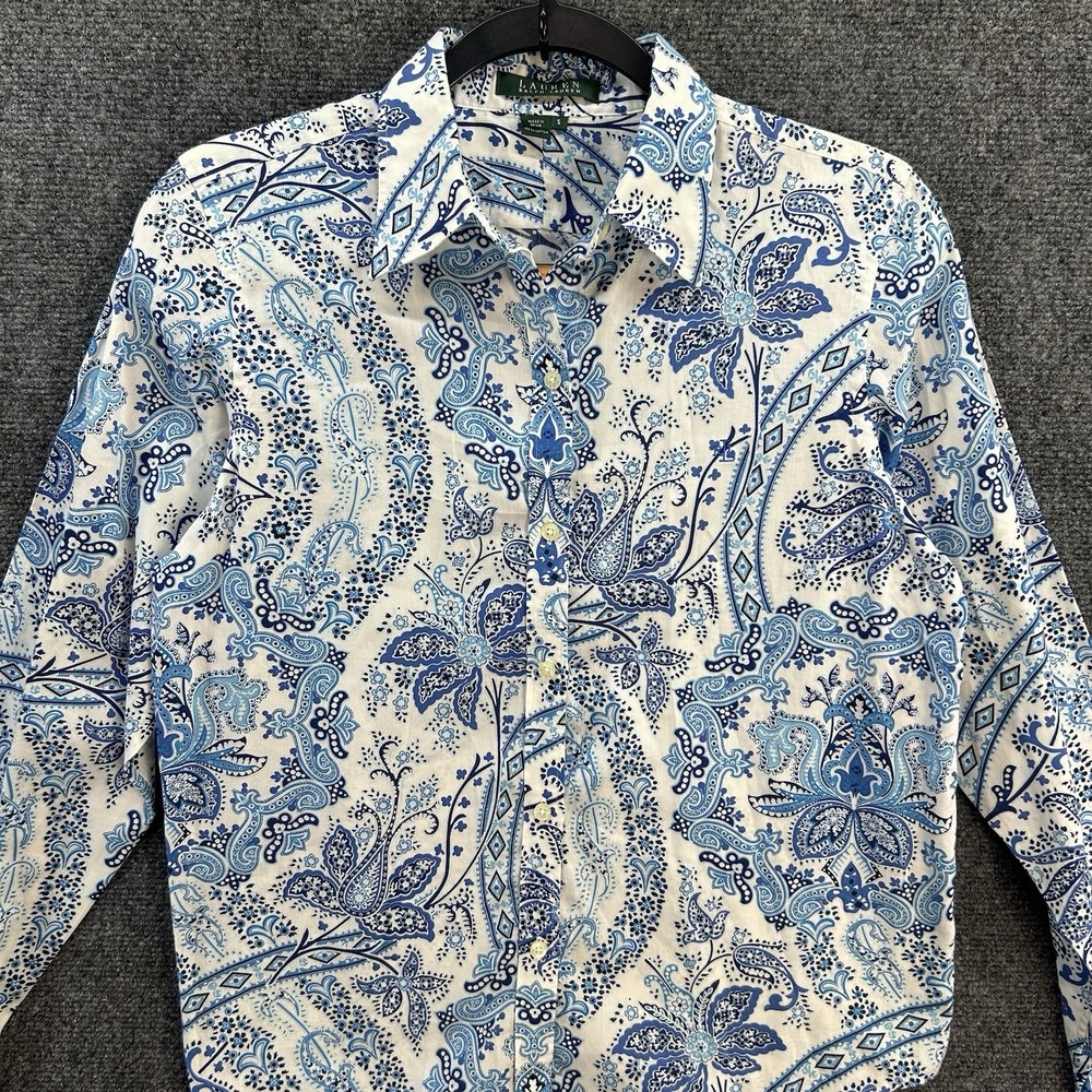 Lauren Ralph Lauren Paisley Button Down Shirt Sz S Long Sleeve White/Blue Cotton